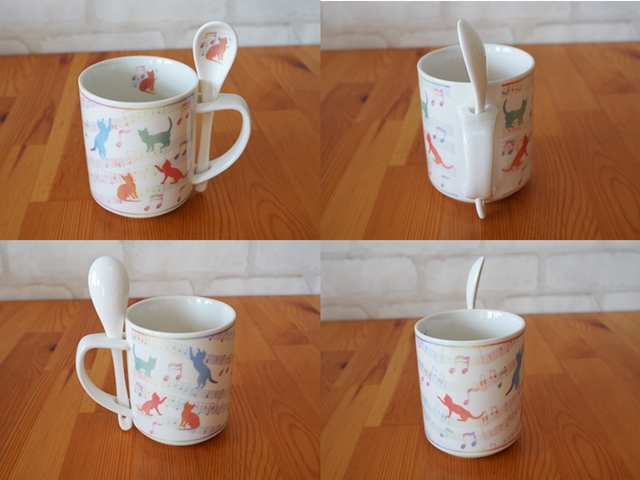 Cat & Music mug/キャット＆ミュージックマグ/スプーン付き猫と音符柄マグカップ/ギフトBOX入り/250ml